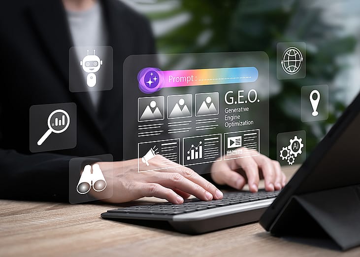 A business person working on a generative engine optimization (GEO) dashboard using AI technology.