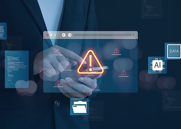 A concept illustration of detecting cyberattacks using AI notification.