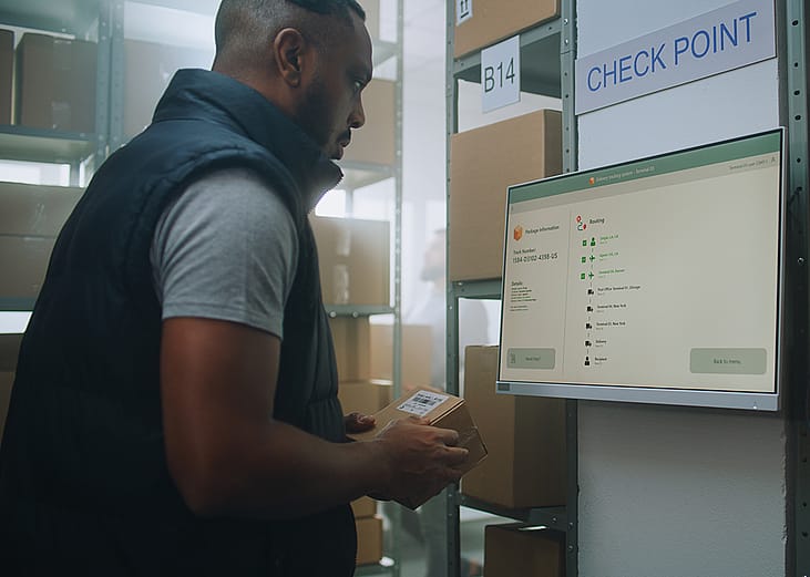 A parcel processing specialist checking delivery information of a package from a monitor.