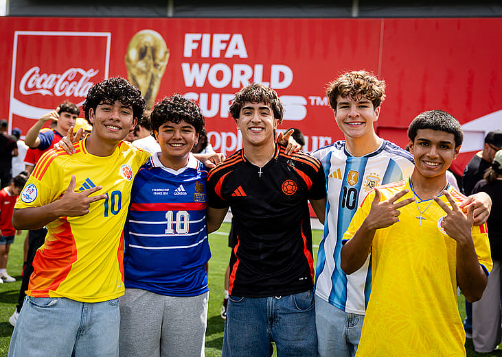 Fans posing for a photo during the FIFA World Cup Trophy Tour 2026 in Miami, Florida, USA.