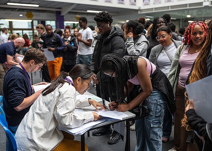 Students queue to get their GCSE results at City Of London Magistrates Court on August 21, 2025 in London, England. 