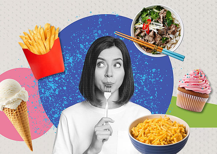 A custom collage of a woman illustrated with different types of comfort food.