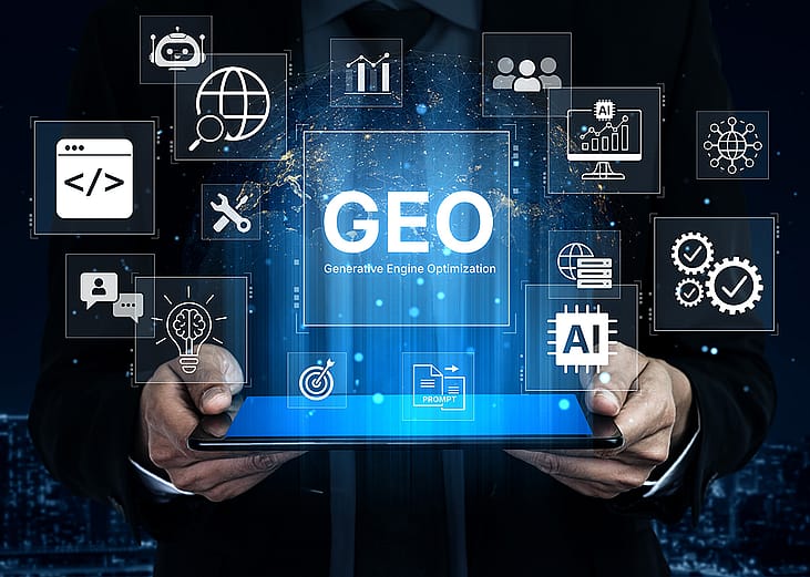 A digital marketing concept featuring GEO strategy for content optimization and AI search engines.