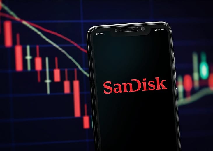 A smartphone displaying the SanDisk logo with a stock market graph in the background.