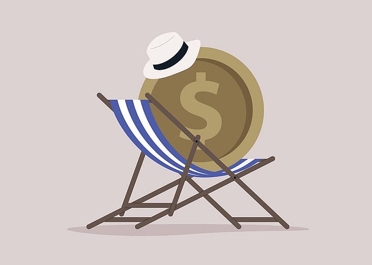 A vacation budget concept illustration of a dollar coin sitting on a beach chair.