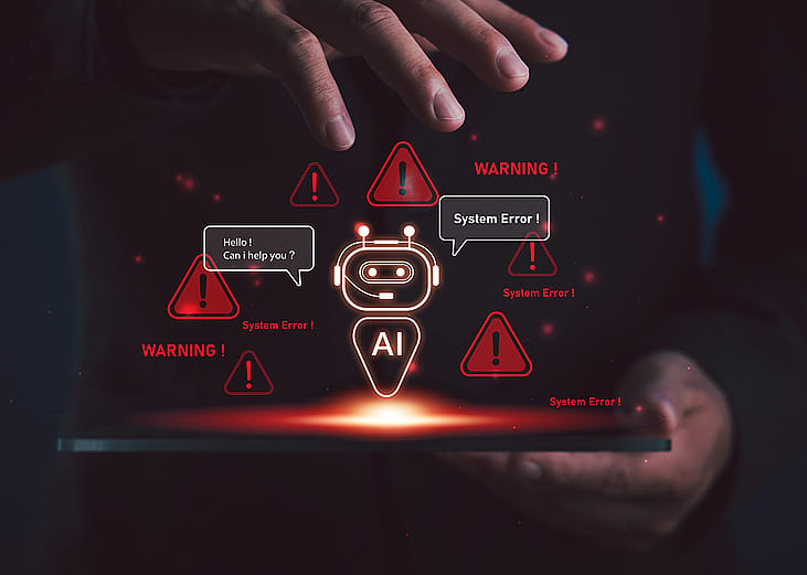 AI chatbot graphic error concept graphics illustrated over a businessman using a work tablet.
