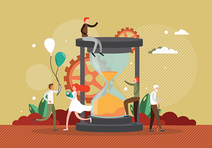 A vector illustration of humans of different ages surrounding an hourglass timer as a concept of aging.