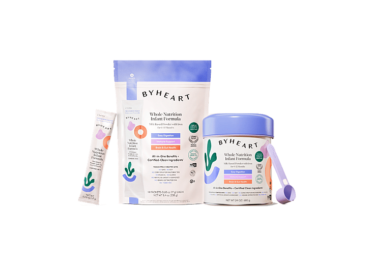 An assortment of ByHeart infant formula products.