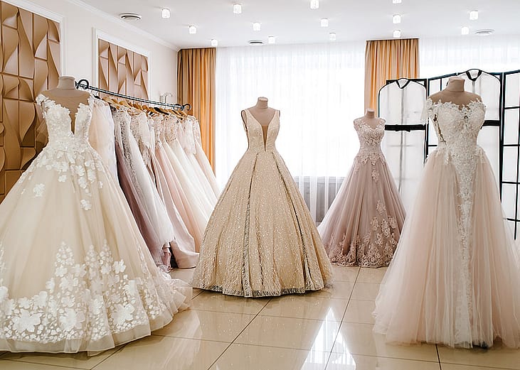 Wedding dresses on hangers and mannequins displayed in a bridal studio.