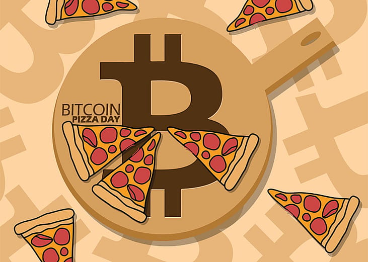 A bitcoin-labeled pan and pizza slices as an event banner for the Bitcoin Pizza Day.