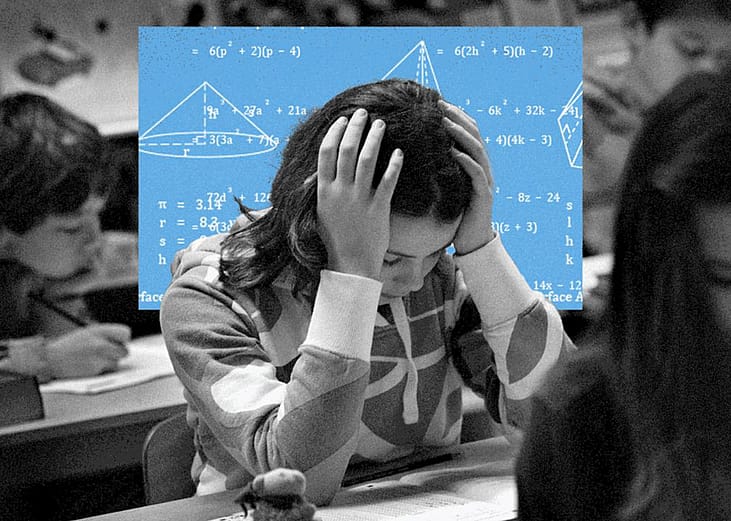 A student appearing to be overwhelmed by mathematical equations overlaid in the photo.