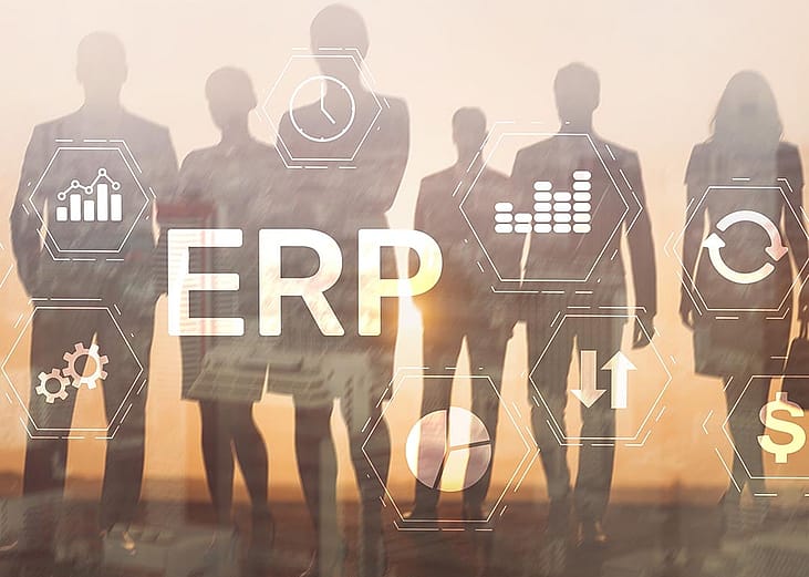 Silhouette of a business group illustrated with ERP graphics as a concept of business automation.