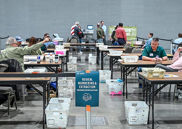Election officials processing and counting official ballots during Election Day in Milwaukee, Wisconsin, USA.