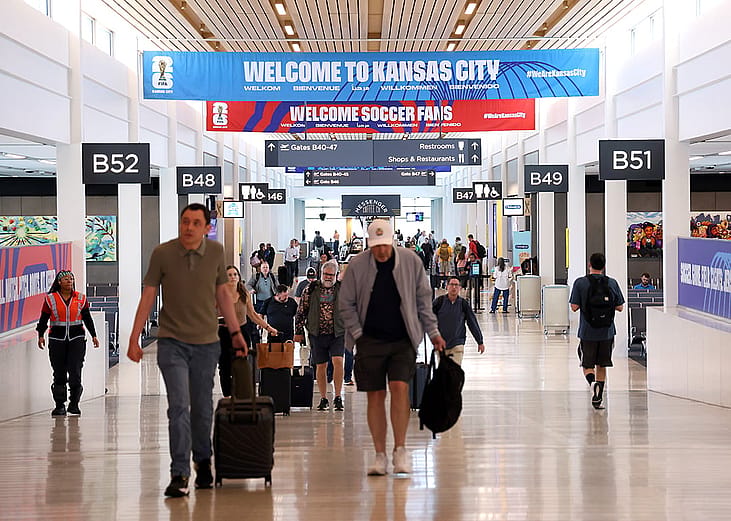 World Cup signage is displayed at the Kansas City airport ahead of the 2026 World Cup on May 05, 2026 in Kansas City, Missouri.