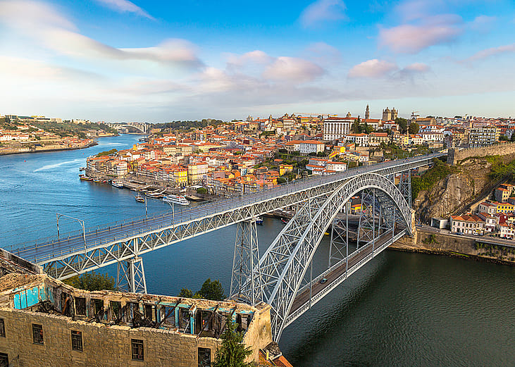 An aerial view of the Luís I Bridge in Porto, Portugal.