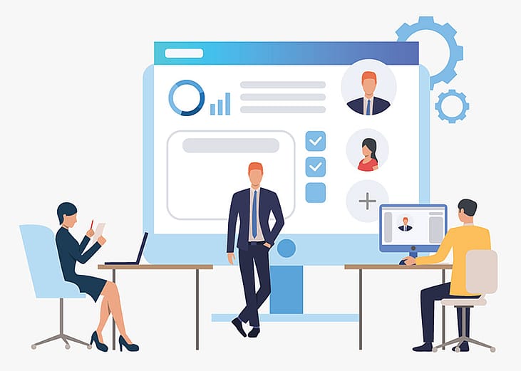 An illustration of a modern employment concept with hiring officers and job candidates.
