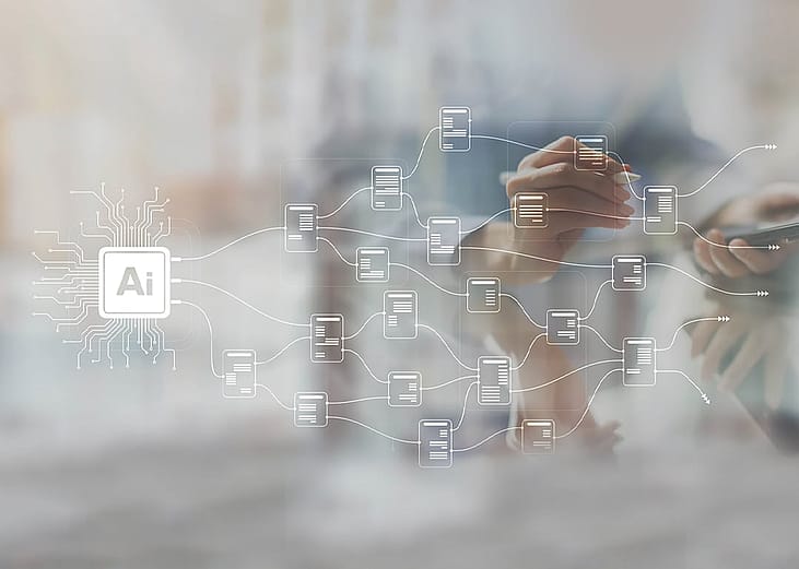 A wide banner of AI and network graphic as a concept of advanced data integration.