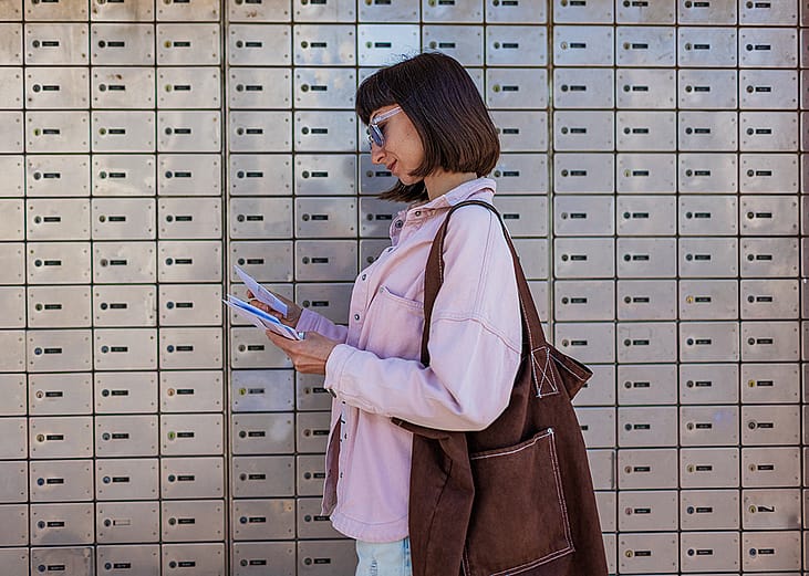 A woman sorting through her letters from the mailbox.