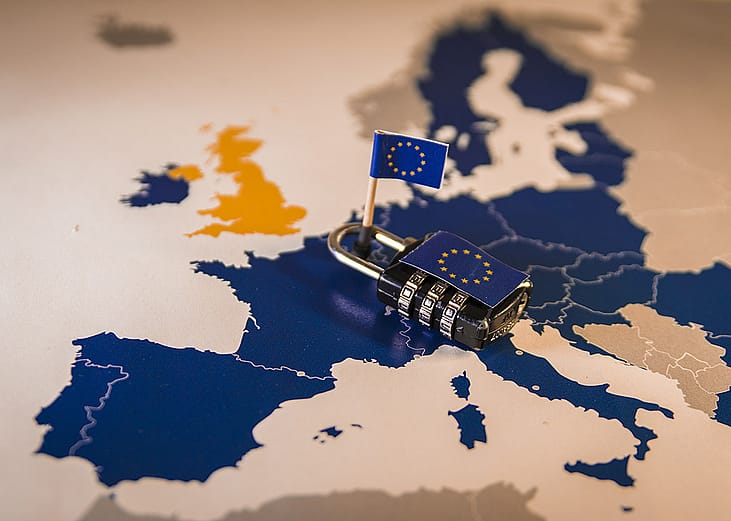 A padlock over European Union map, symbolizing the EU General Data Protection Regulation or GDPR. 
