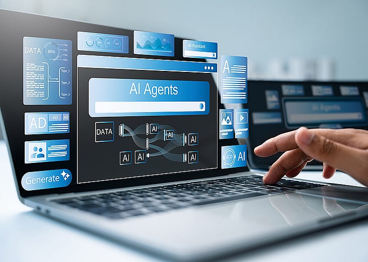An AI agents software supporting tasks and workflows displayed from a laptop screen.