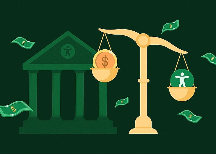 A custom illustration of a bank and a scale showing the concept of economic stability or balancing wealth.