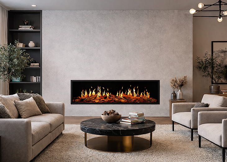 A modern living room space with a built-in linear electric fireplace.