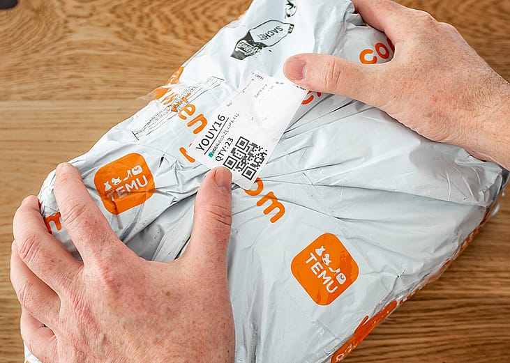 Person holding a package from Temu.
