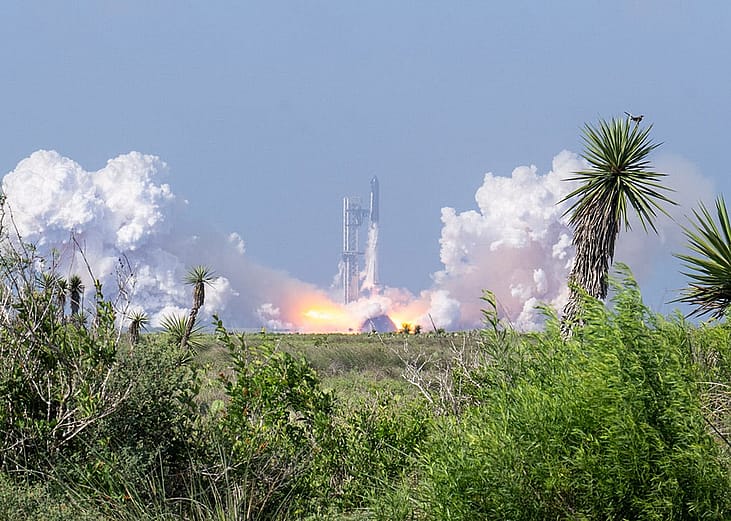 SpaceX Starship V3 launching from Starbase in Boca Chica Beach, Texas, USA.