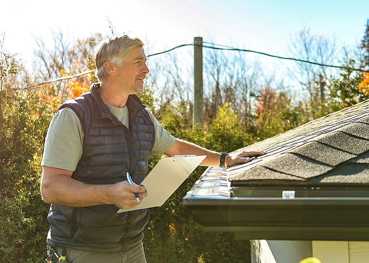 A roofing professional inspects a home's roof.