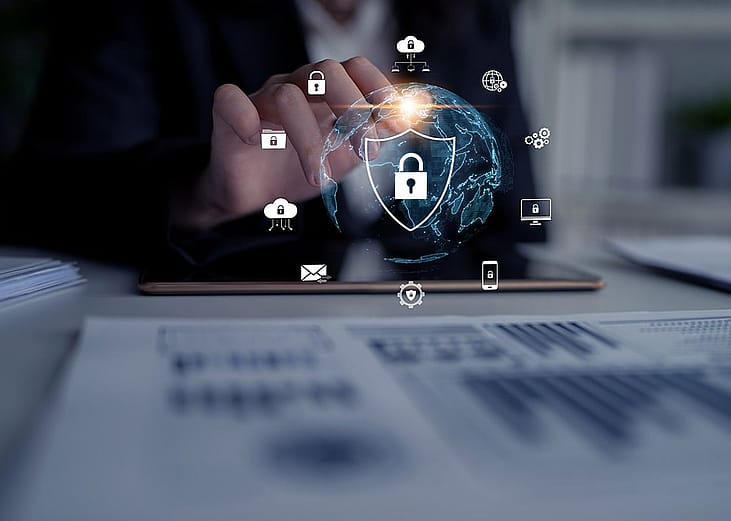 A cyber security analyst protecting digital content against breaches, hacks, and network attacks using defense strategies and tools. 