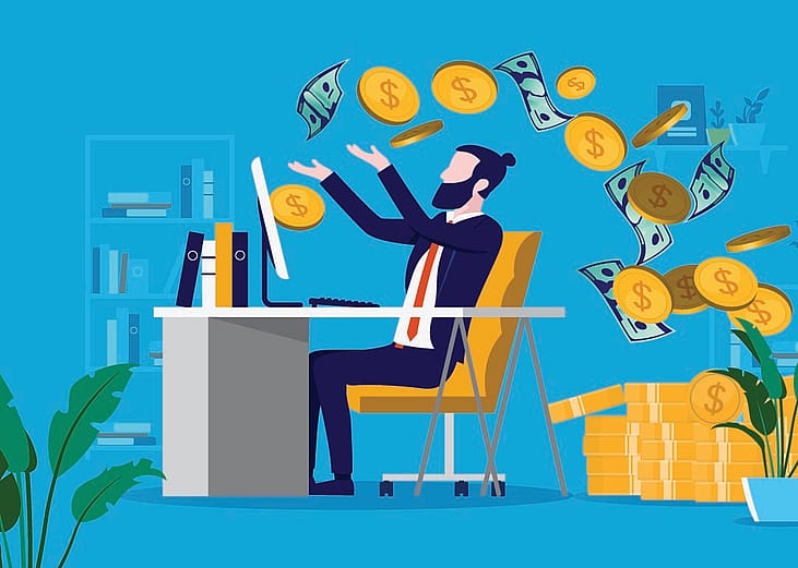 A vector illustration of a businessman getting paid working from home.