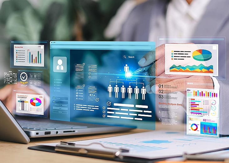 A digital marketing dashboard with informational charts and performance data being utilized by a marketer.