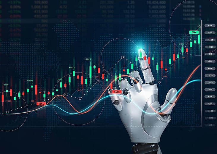 An artificial intelligence (AI) tool analyzing a stock market through a smart robot automation technology.