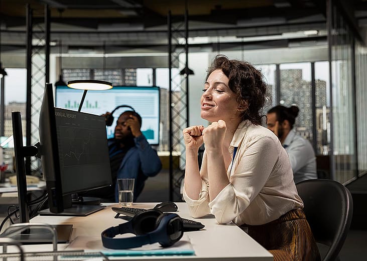 An employee appearing to be pleased after stock exchange's charts go upward.