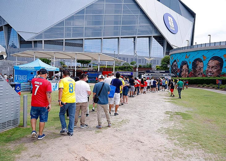 Attendees queueing for the fan mart at the 2026 FIFA World Cup Trophy Tour in Atlanta, Georgia, USA.