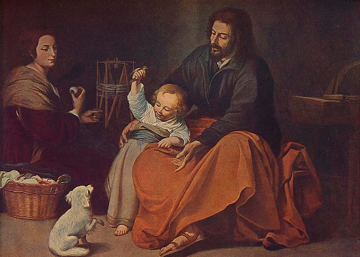 An oil painting on canvas of the La Sagrada Familia (The Holy Family with a Little Bird) by the Spanish Baroque painter Bartolomé Esteban Murillo.