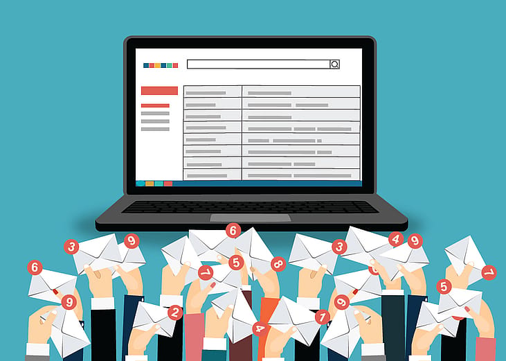 A vector illustration of many hands holding messages in envelopes, trying to reach a business' inbox.