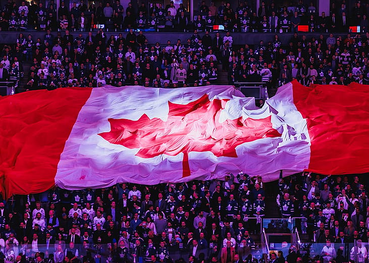 A Canadian flag laid out in the audience during the Canadian national anthem before the Eastern Conference Playoffs' Game 2 at Scotiabank Arena in Toronto, Ontario, Canada.