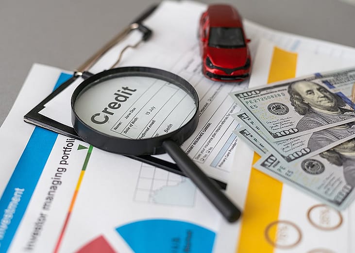 A credit loan application form with a magnifying glass, cash, and a small figure of a car on top of it.