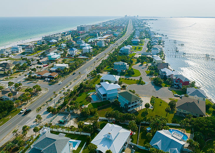 Aerial view of the neighborhoods by Pensacola Beach in Florida.