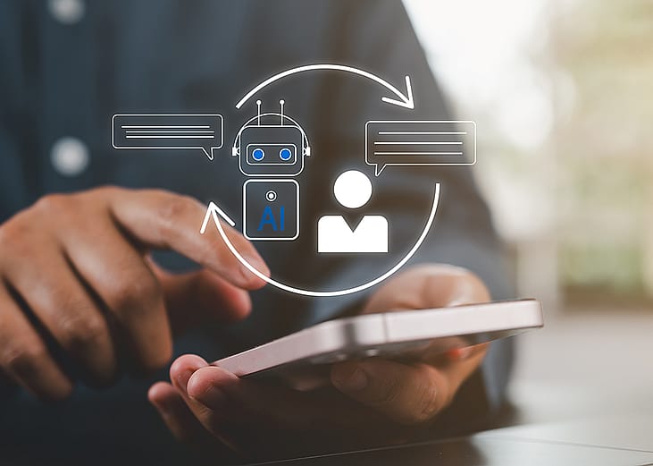 Conceptual graphic of a loop between a human user and an AI chatbot.