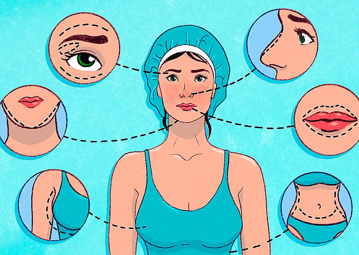An illustration highlighting facial and body plastic surgery procedures for a patient.