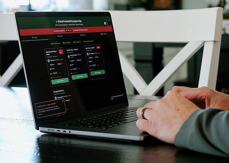 A person booking Soccer Tournament tickets online from a potential unofficial and scam ticket website.