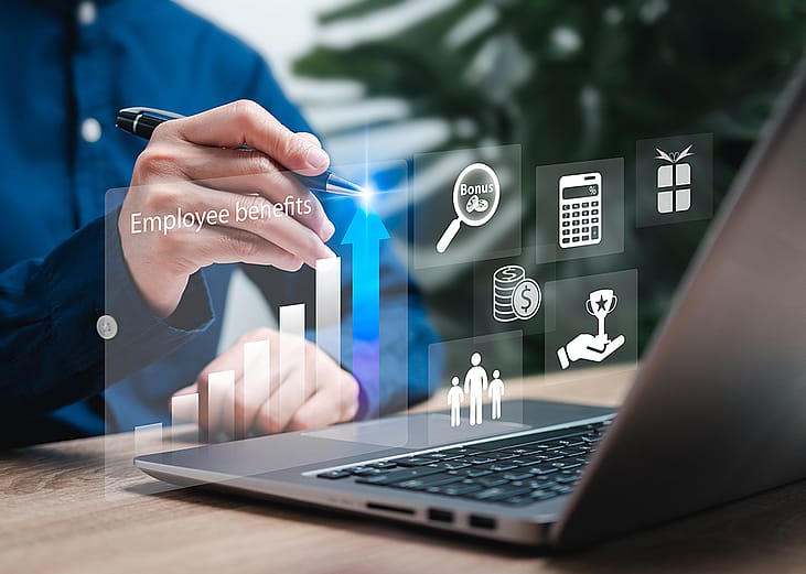 An employee navigating through their workplace's benefits compensation strategies from a laptop.