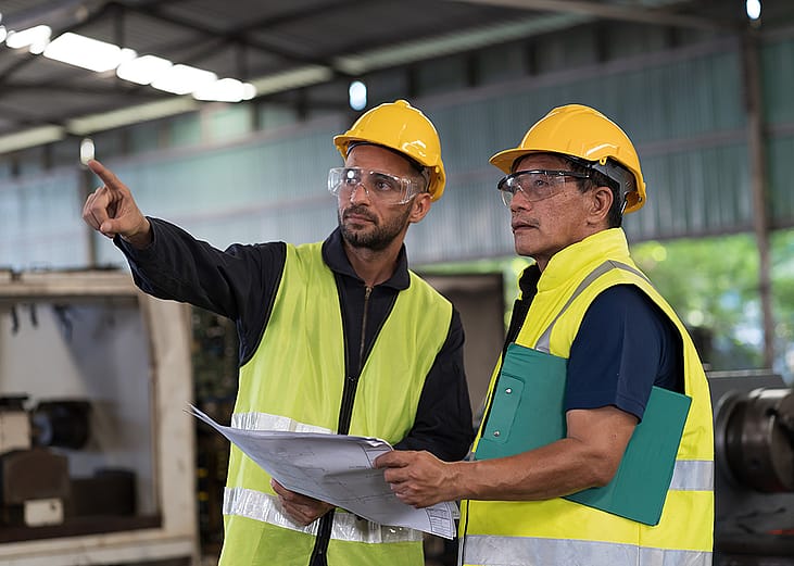 Engineers discussing on work maintenance issues in their industry factory.