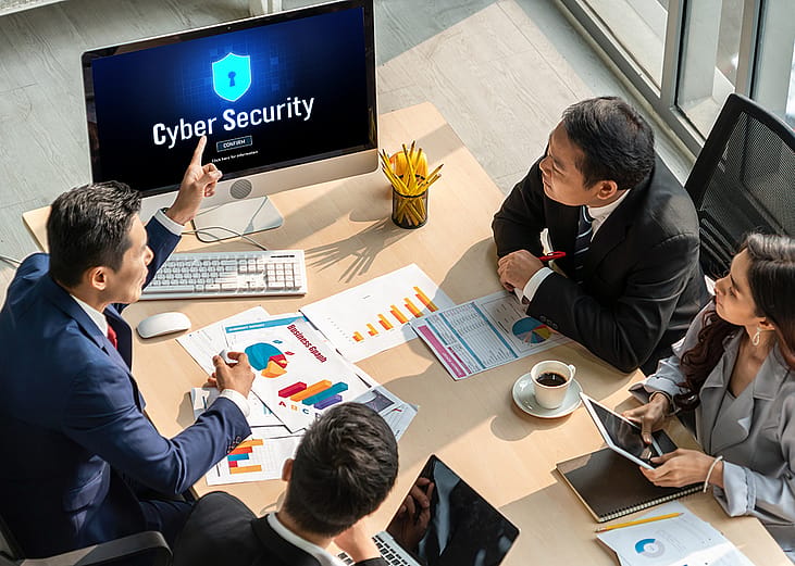 A group of business executives discussing cybersecurity as seen from a monitor.
