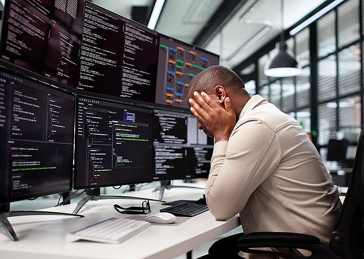 A stressed programmer at work facing multiple monitors.