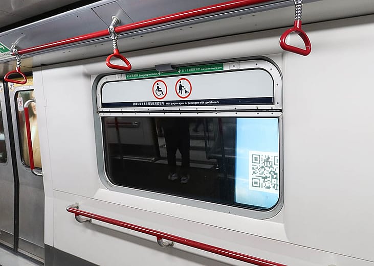 QR codes seen inside a train in Hong Kong's MTR.