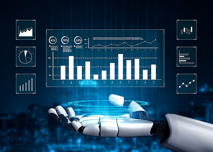 An AI interface showing financial analysis charts and stock market reporting utilized by an AI robot.