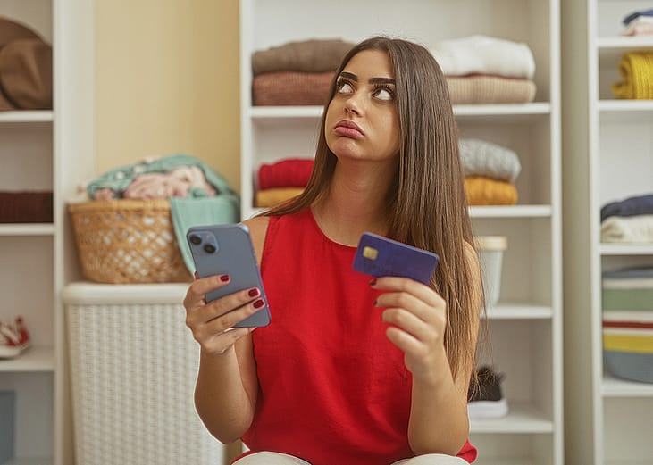 A young adult appearing to be frustrated while holding her smartphone and credit card in a dressing room.